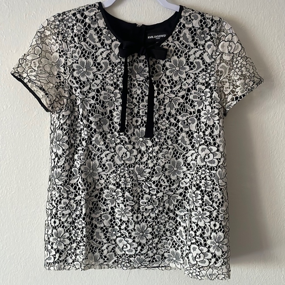 Karl Lagerfeld lace bow necktie top size S